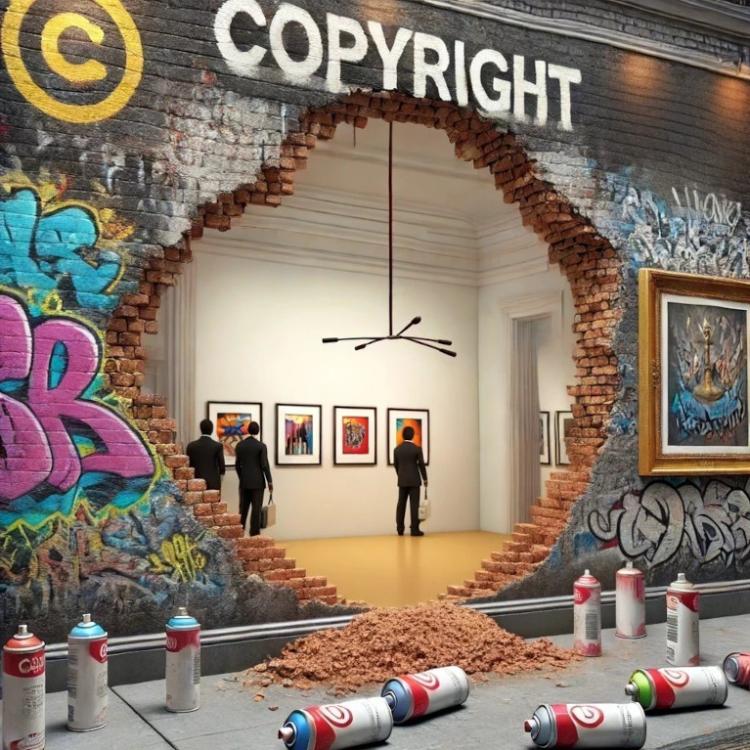 AI image of an art gallery that has had the side removed so you can peer in - the outer wall that has been broken has grafitti on it and a copyright sign above the 'entrance'