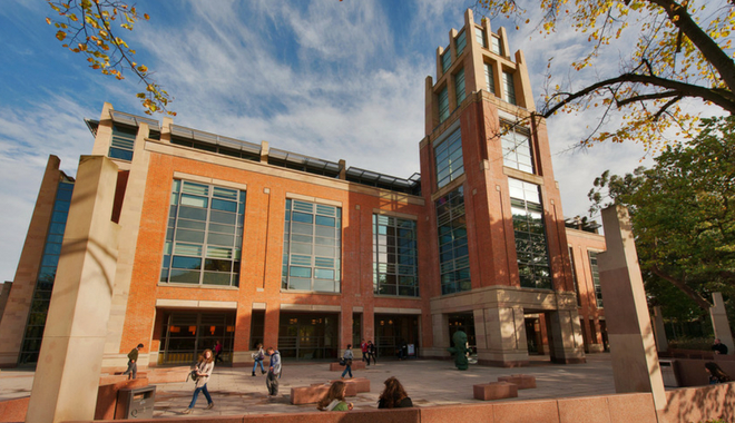 McClay Library external photograph at sunset